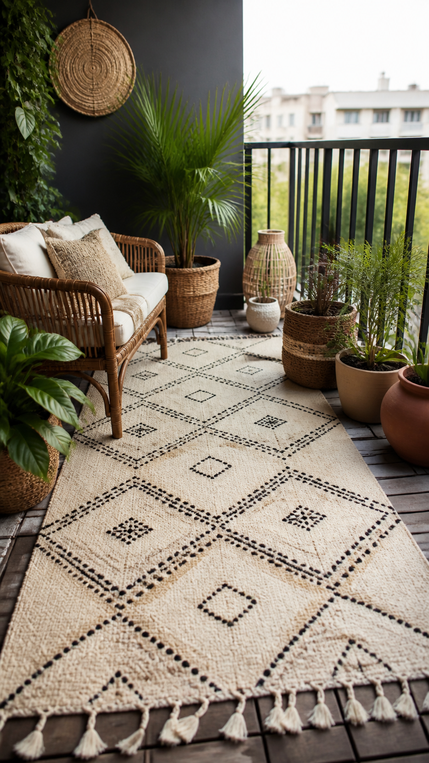 A high-end photograph of a boho-style balcony featuring a cream-colored outdoor rug with black tribal diamonds and pl...