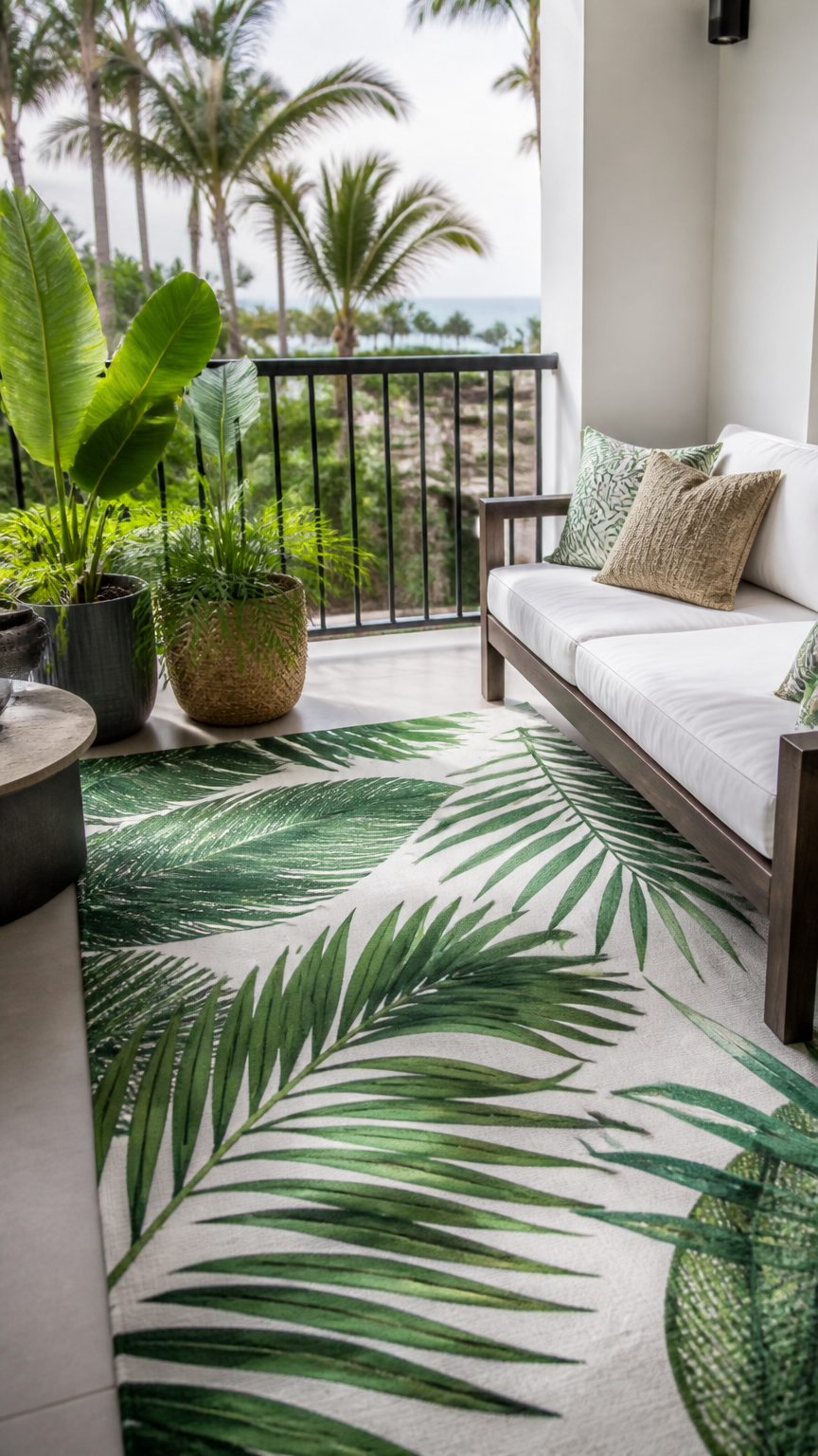 A vibrant photograph taken with a professional camera of a balcony featuring a bold green and white tropical palm lea...