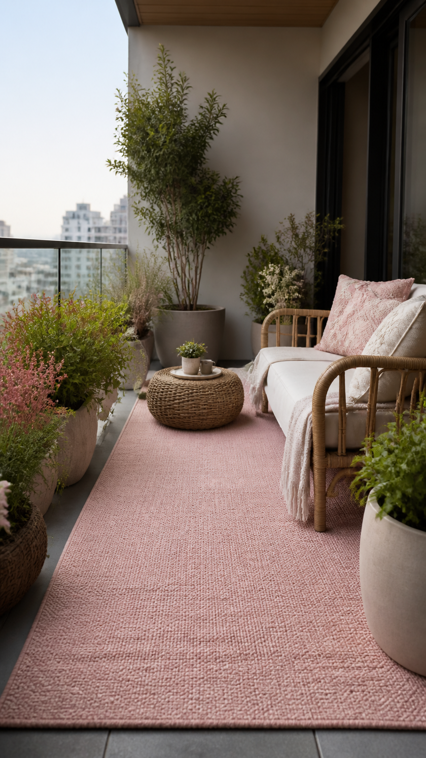 A high-end photograph of a cozy apartment balcony featuring a solid pastel pink flatweave outdoor rug that adds a gen...