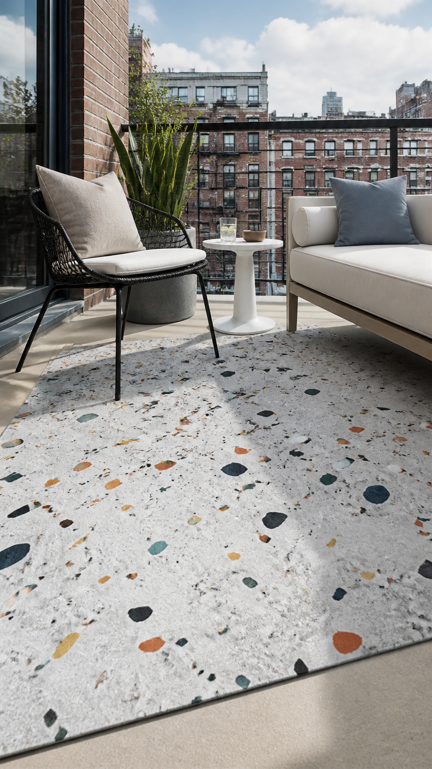 A crisp photograph taken with a professional camera of a modern balcony featuring a fun terrazzo-patterned outdoor ru...