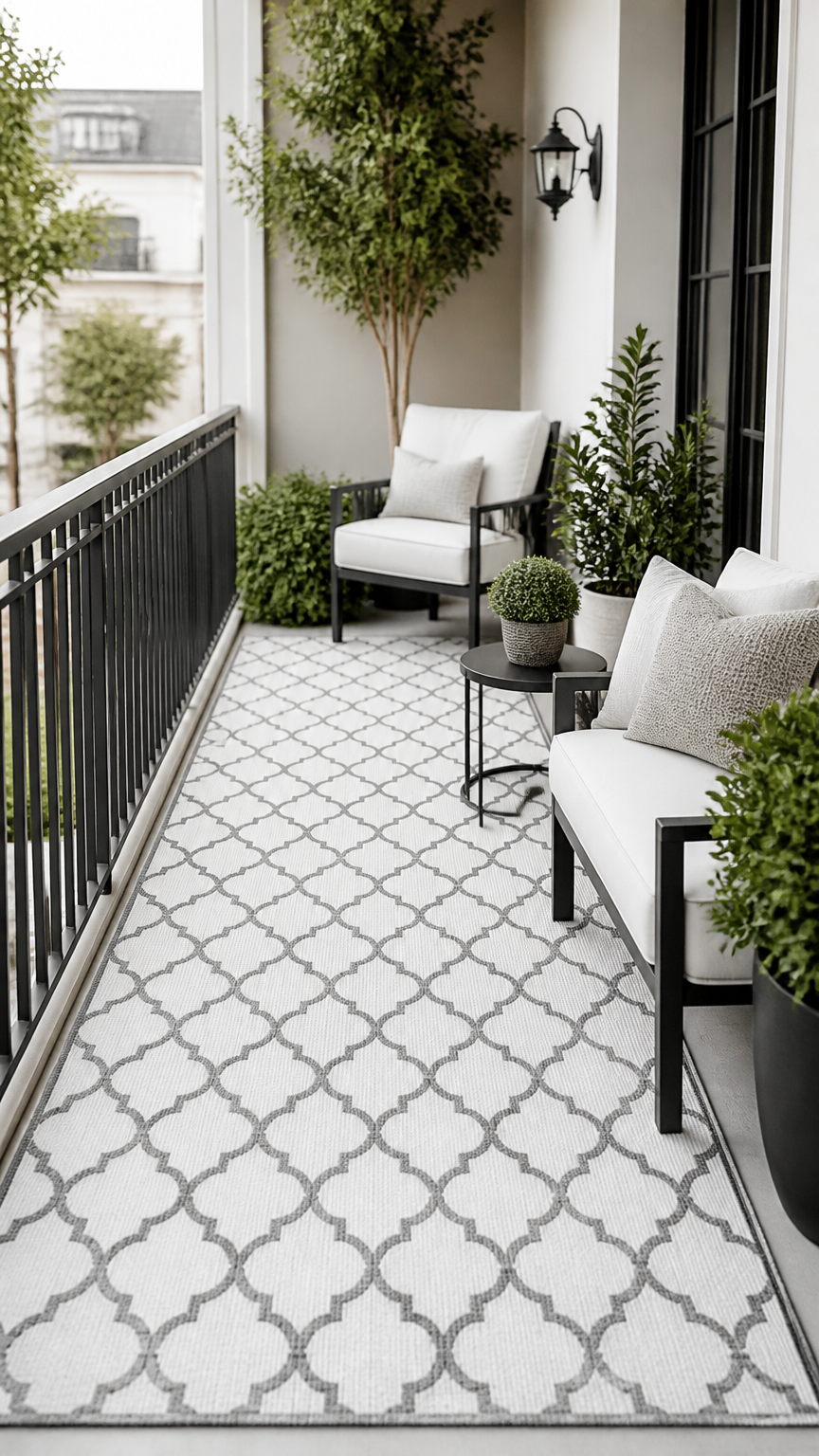 A high-end photograph of a stylish balcony featuring a crisp white rug with a dark gray Moroccan trellis pattern that...