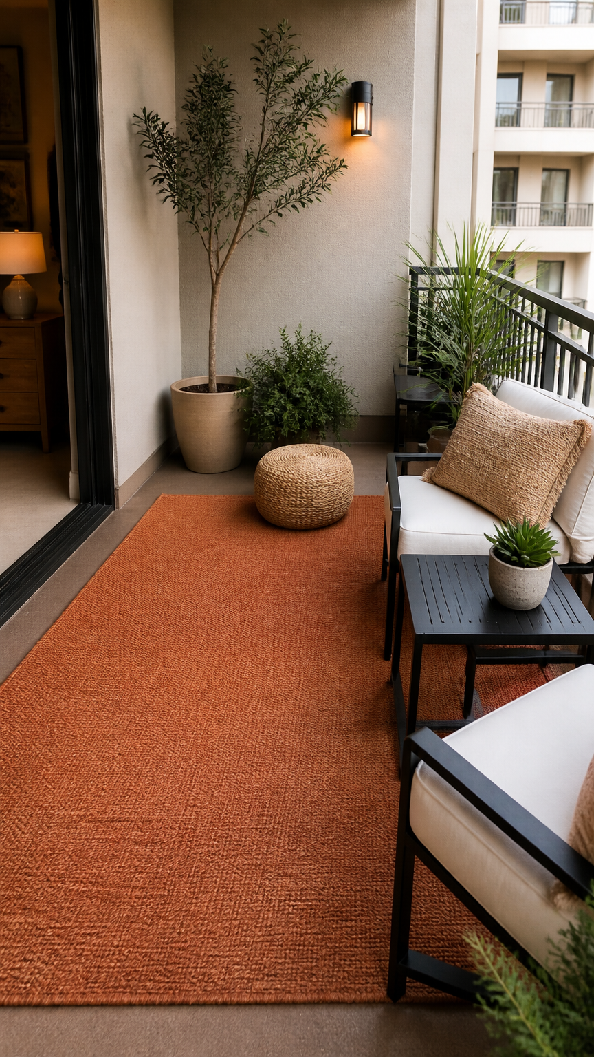 A warm photograph taken with a professional camera of an apartment balcony featuring a solid terracotta-colored flatw...