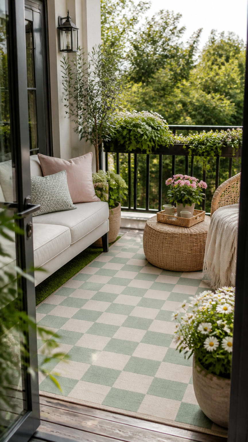 A high-end photograph of a cheerful balcony featuring a soft mint green and cream checkerboard pattern outdoor rug th...