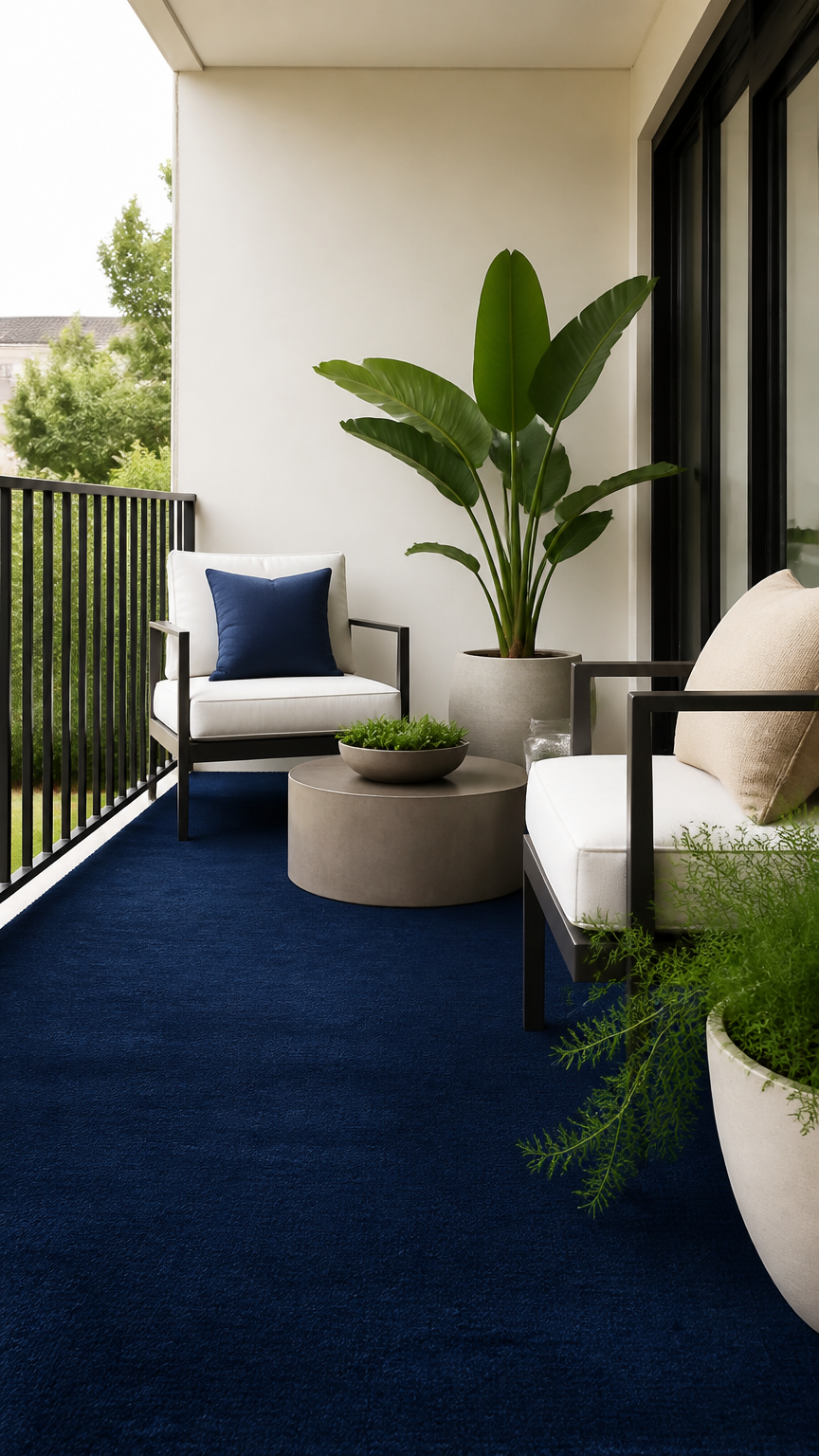 A crisp photograph taken with a professional camera of a minimalist balcony featuring a solid deep navy blue outdoor...