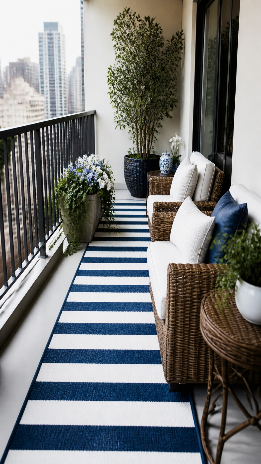 Taken with a high-end camera showing a narrow apartment balcony with a crisp white and navy blue striped runner rug t...
