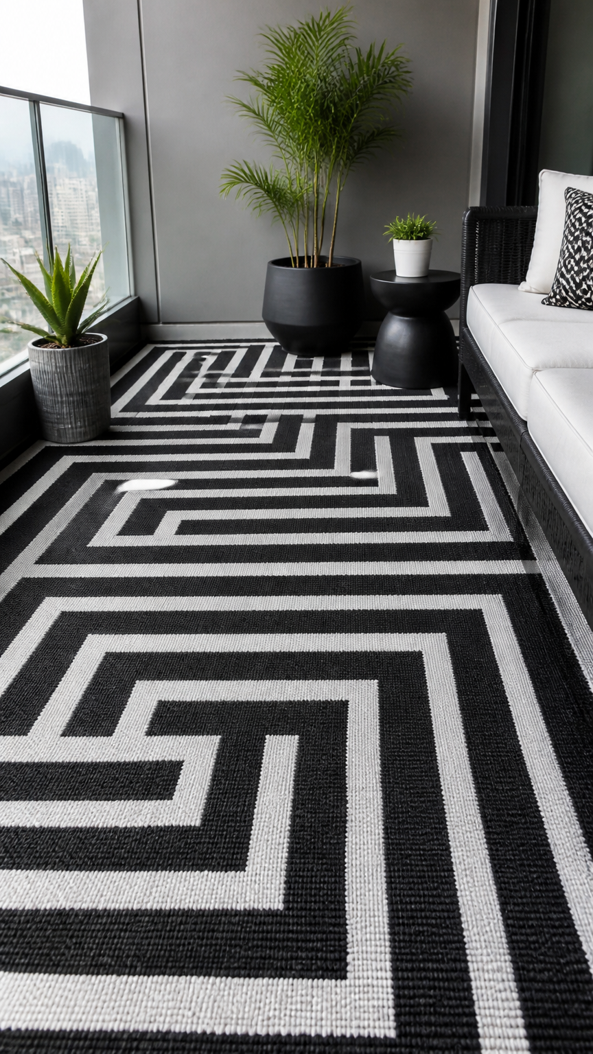 A close-up photograph taken with a professional camera of a modern balcony floor featuring a large black and white ge...