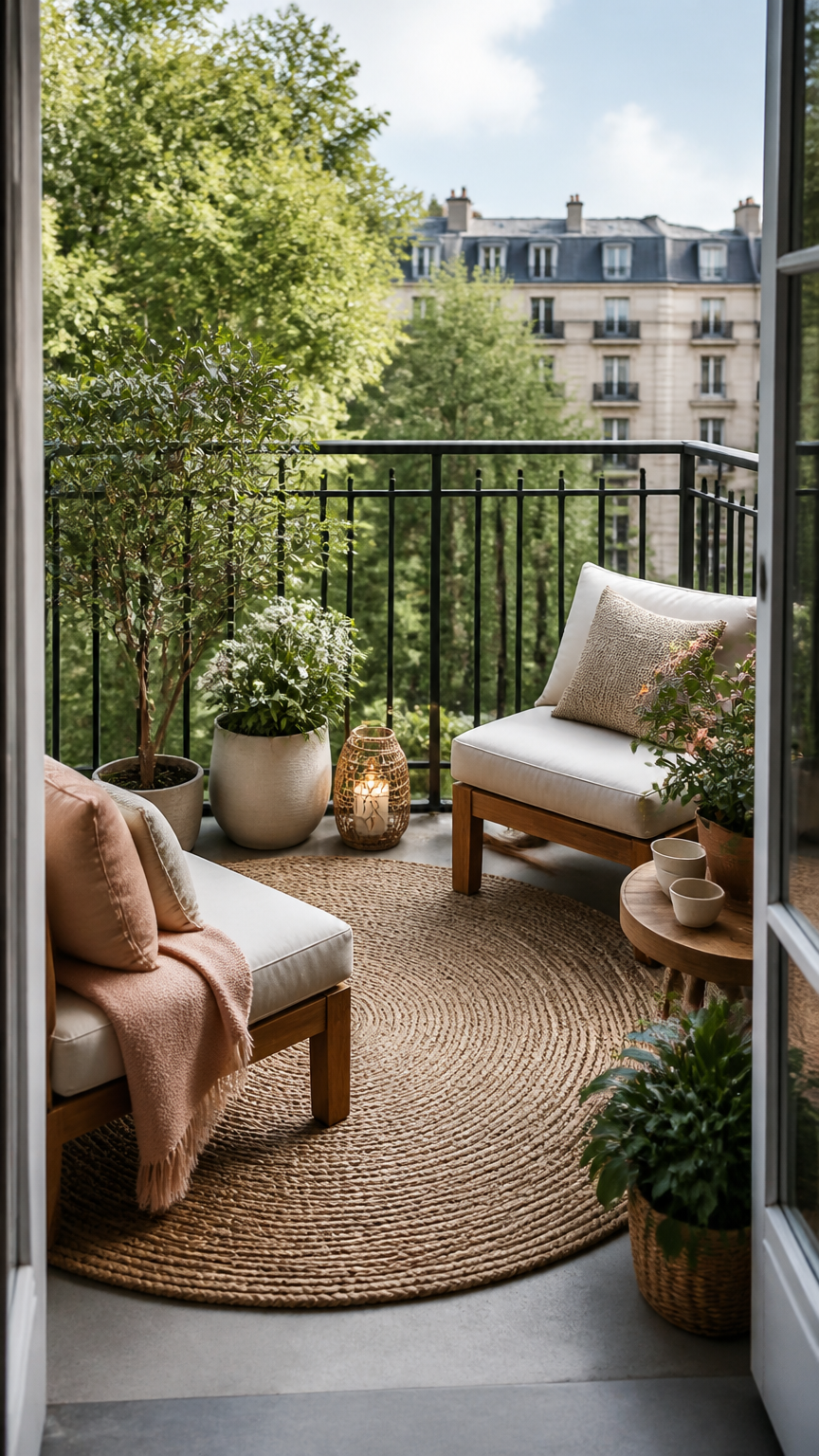 A high-end photograph of a cozy square balcony featuring a round synthetic jute rug in the center, softening the shar...