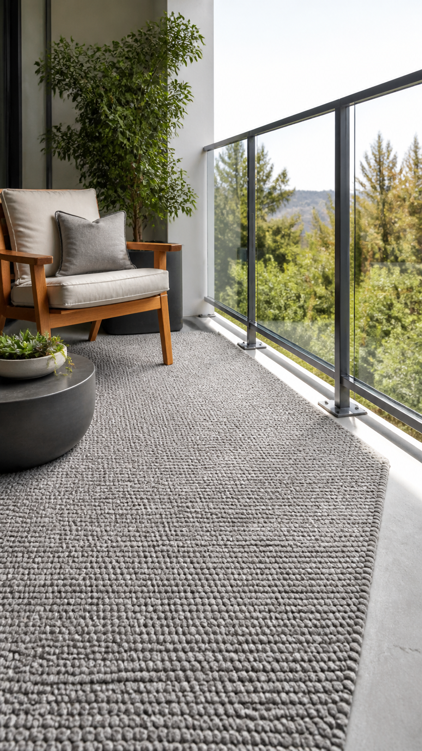 A detailed photograph taken with a high-end camera of a minimalist balcony featuring a textured gray loop-pile outdoo...