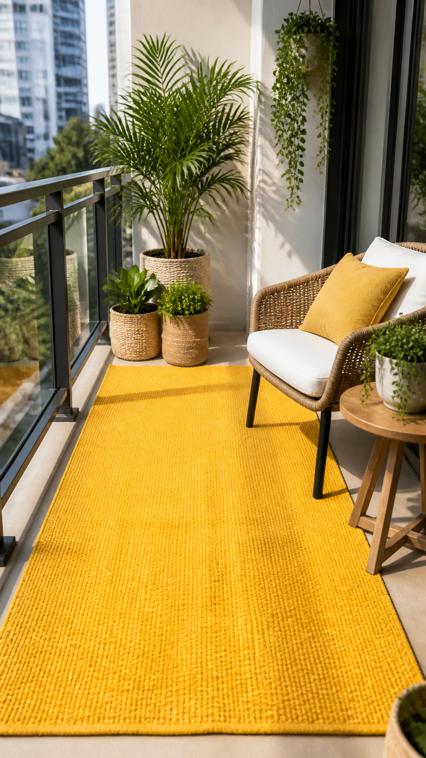 A bright photograph taken with a professional camera of a small balcony featuring a solid sunshine yellow outdoor fla...