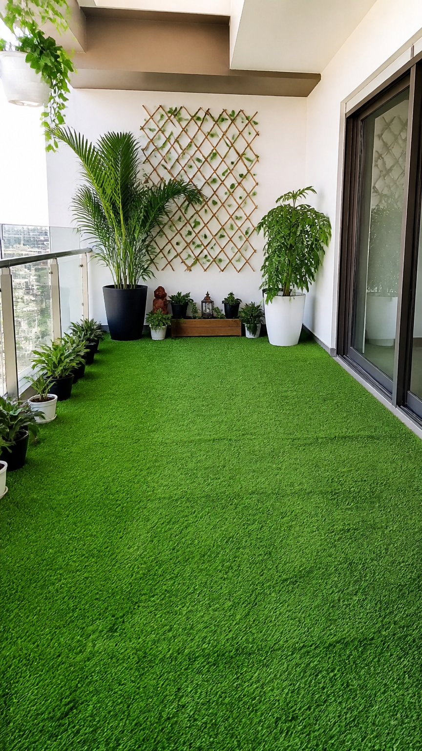 A crisp photograph taken with a high-end camera of a balcony floor completely covered in lush green artificial grass...