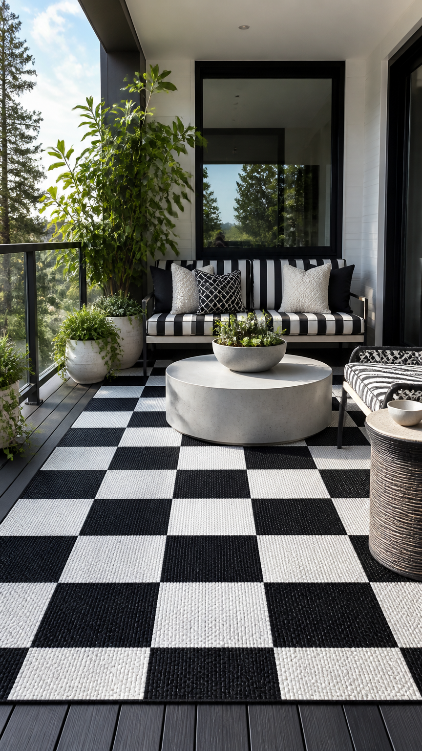 A stylish photograph taken with a professional camera of a balcony featuring a high-contrast black and white checkerb...