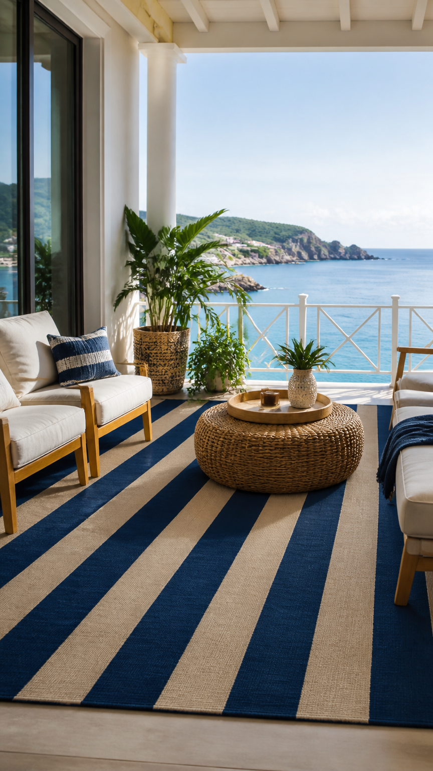 A high-end photograph of a breezy balcony featuring a wide navy blue and sandy beige striped outdoor rug that gives o...