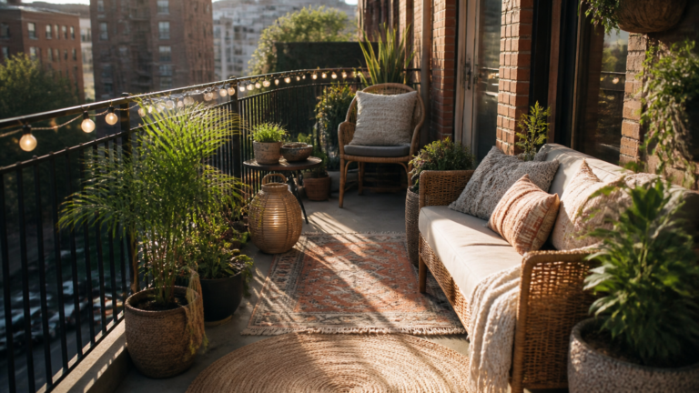 A high-end DSLR photograph of a sunlit small apartment balcony featuring cozy boho seating, layered outdoor rugs, rat...