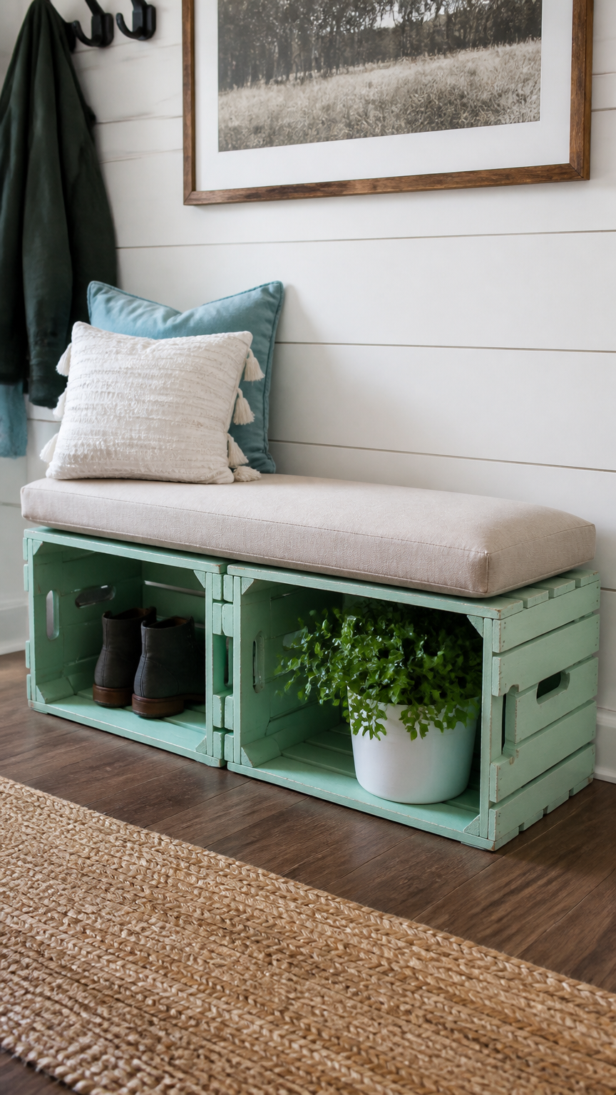 A high-end DSLR photograph of two wooden apple crates turned on their sides, painted mint green, used as low bench se...