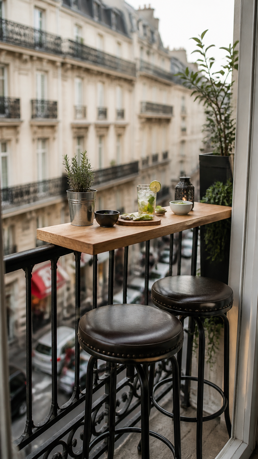 A high-end DSLR photograph of a narrow wooden bar shelf mounted below a balcony window, accompanied by two tall metal...