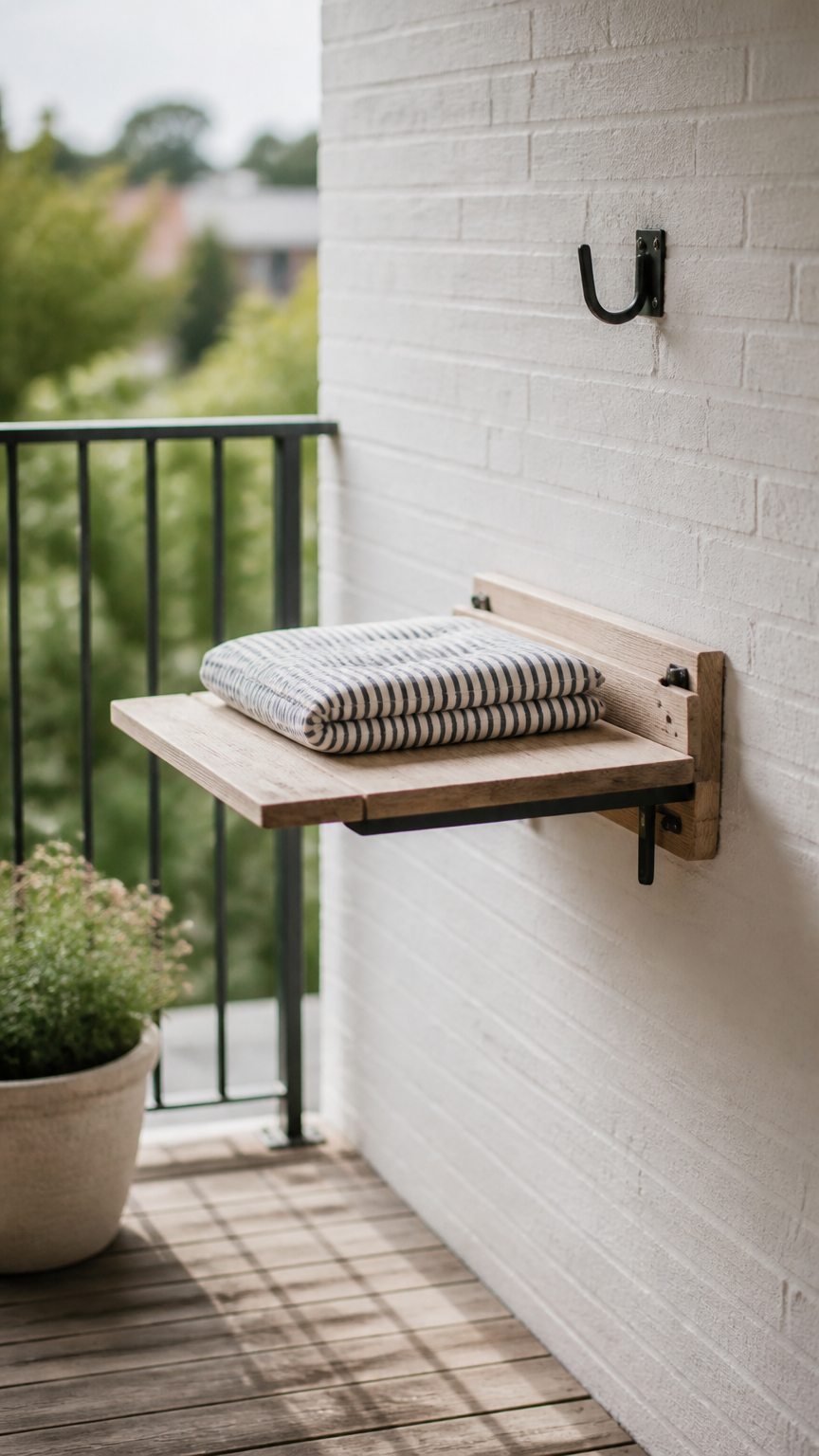A high-end DSLR photograph of a minimalist wooden fold-down bench mounted to a white brick balcony wall, paired with...
