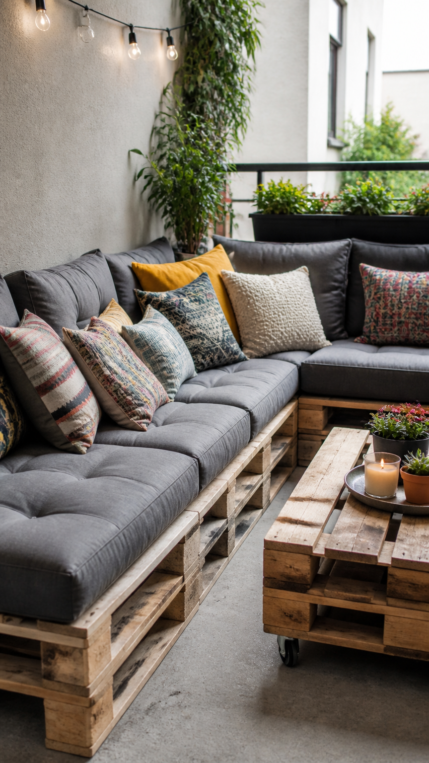 A high-end DSLR photograph of a DIY corner lounge seat made from sanded wooden shipping pallets on a concrete balcony...