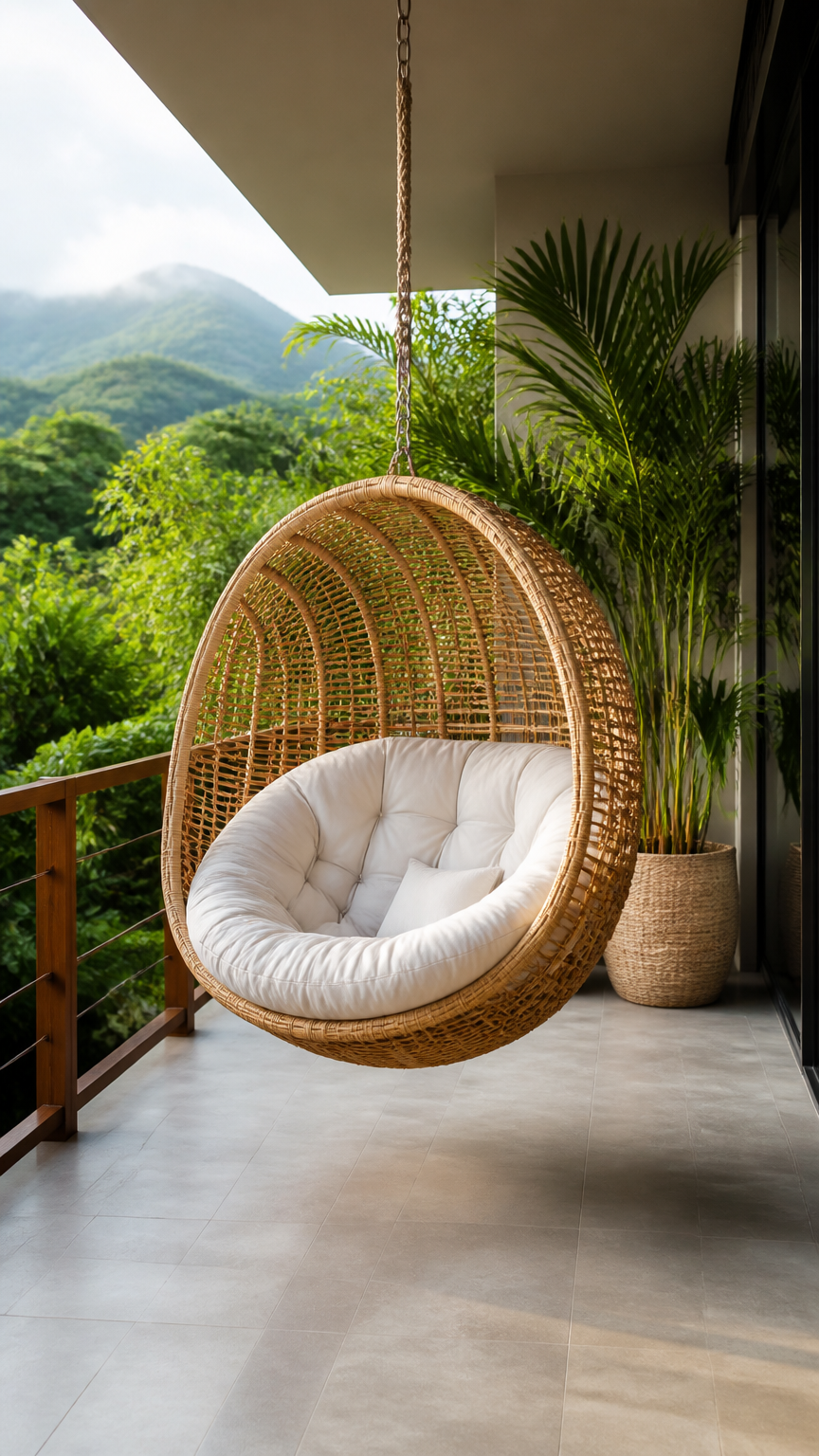 A high-end DSLR photograph of a natural rattan hanging egg chair suspended from a sturdy balcony overhang, containing...