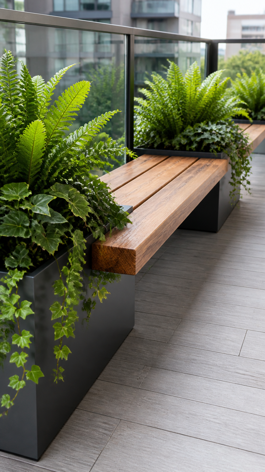 A high-end DSLR photograph of a custom wooden bench built directly over two long rectangular metal planters filled wi...