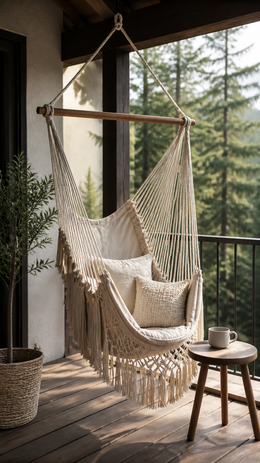 A high-end DSLR photograph of a woven canvas hammock chair in neutral cream tones hanging from a secure balcony beam,...