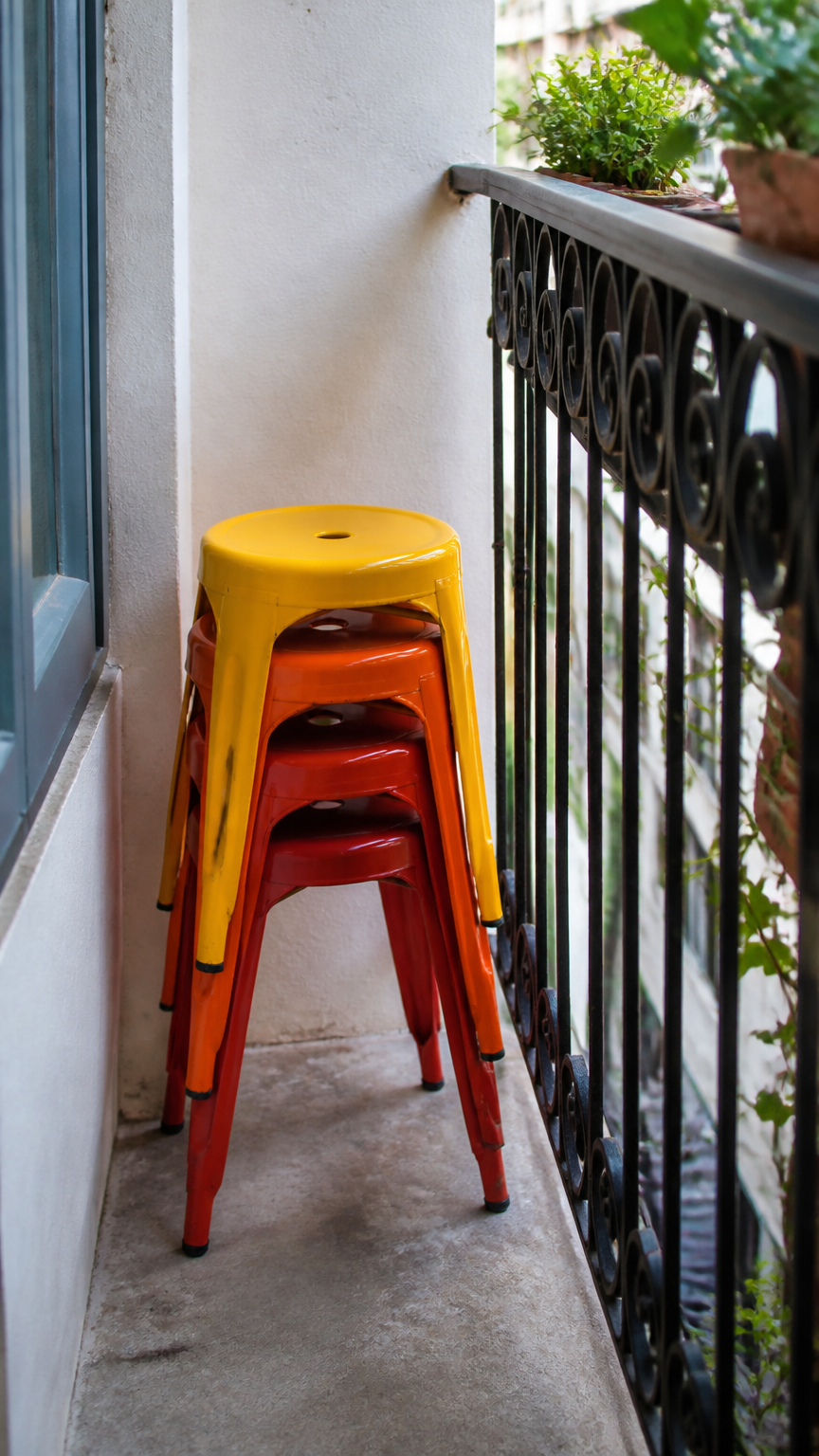 A high-end DSLR photograph of three brightly painted metal bistro stools stacked neatly in the corner of a narrow bal...