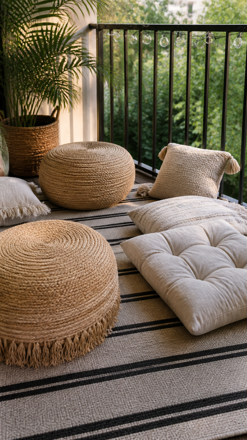 A high-end DSLR photograph of large woven jute floor poufs and plush floor cushions arranged casually on a striped ou...