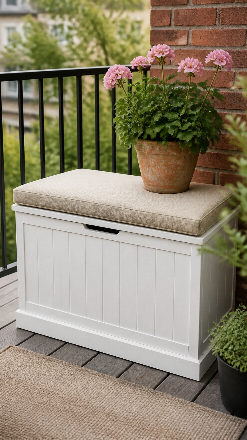 A high-end DSLR photograph of a white wooden storage bench with a hinged lid on a small balcony, holding a potted ger...