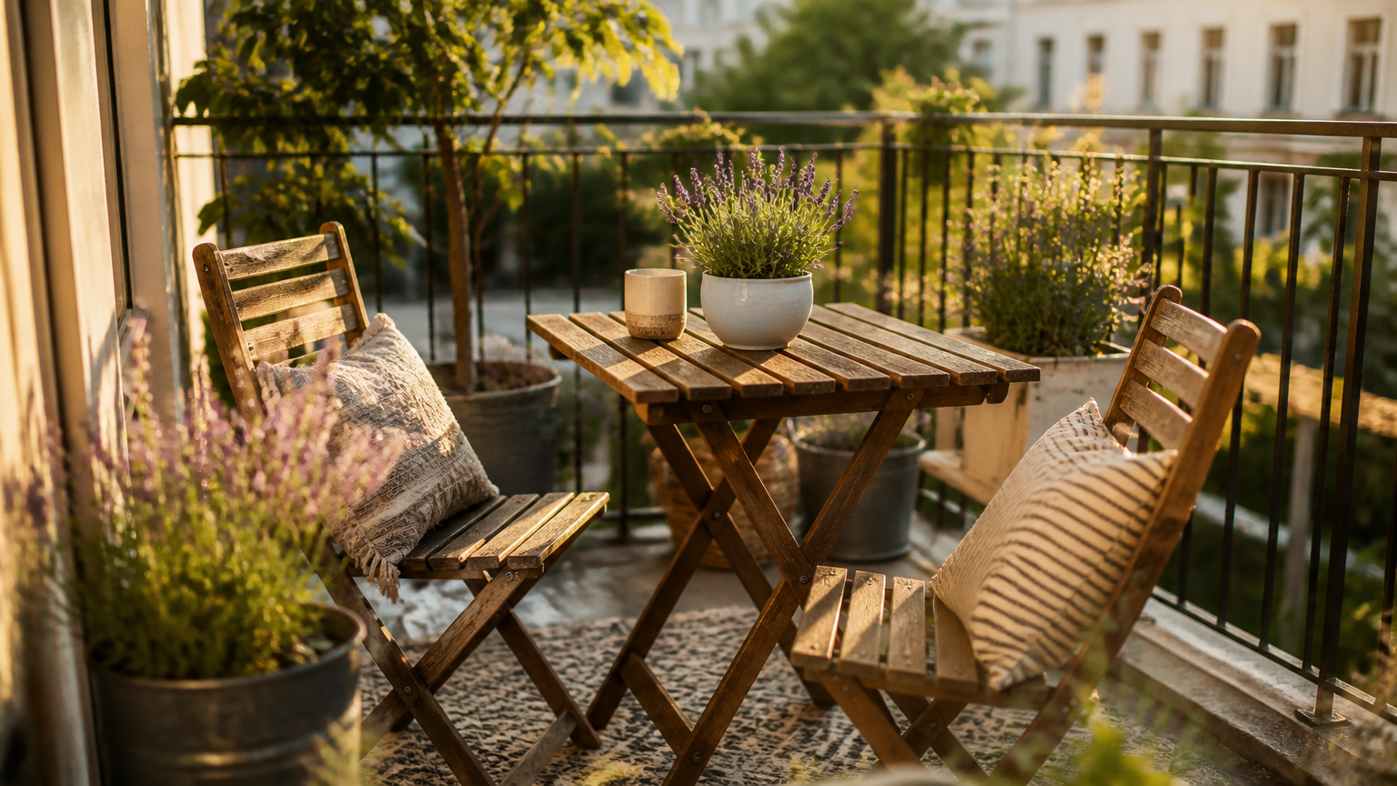 A high-end DSLR photograph of a sunlit small apartment balcony featuring a rustic wooden bistro set, potted lavender...
