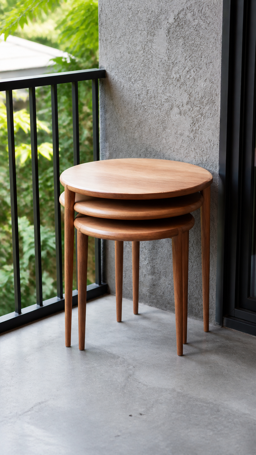 A high-resolution photograph of three round wooden nesting tables tucked neatly under one another on a gray concrete...