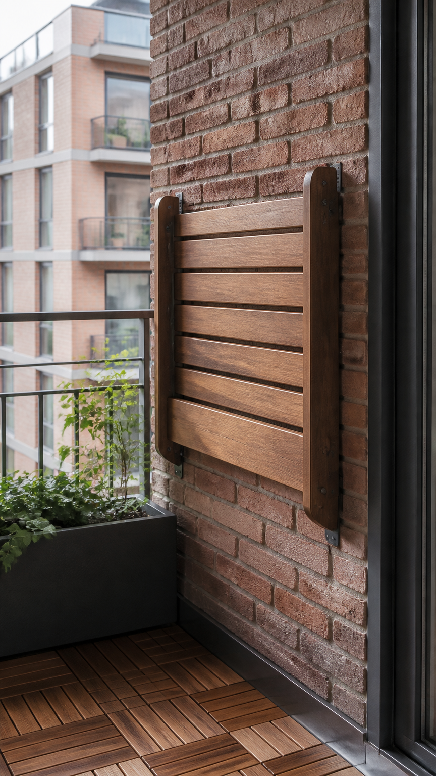 A detailed photograph of a wooden bench seat hinged to an apartment balcony wall, folded up neatly against the brick...