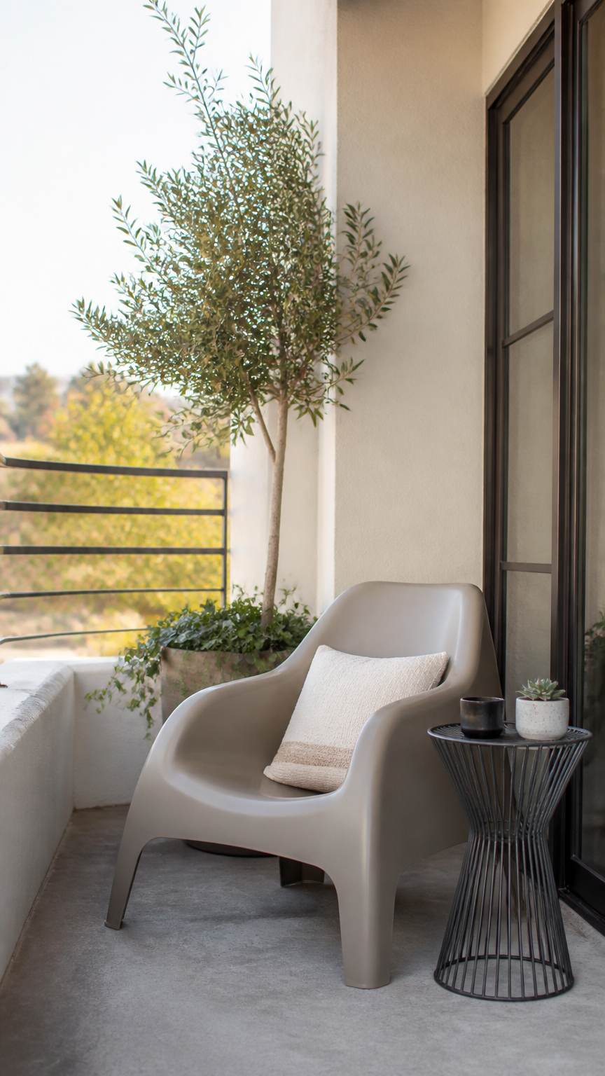 A clear photograph of a single molded plastic outdoor lounge chair paired with a tiny wire side table on a narrow apa...