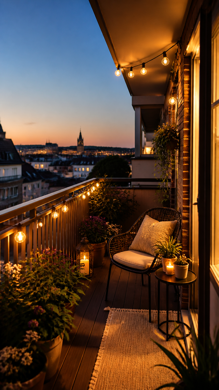 A wide-angle, warm-toned photograph of a small apartment balcony fully styled with string lights, a cozy bistro chair...