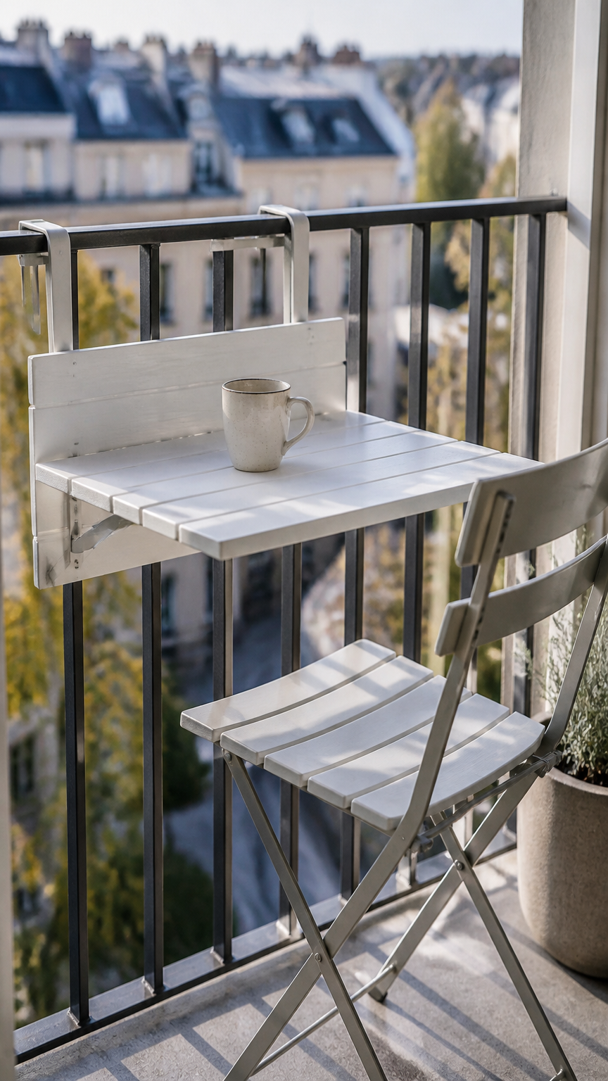A close-up photograph taken with a professional camera of a white wooden fold-down table mounted on a metal balcony r...