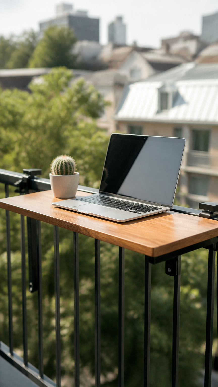 A professional camera shot of a narrow wooden desk surface hanging securely over a black metal balcony railing, holdi...