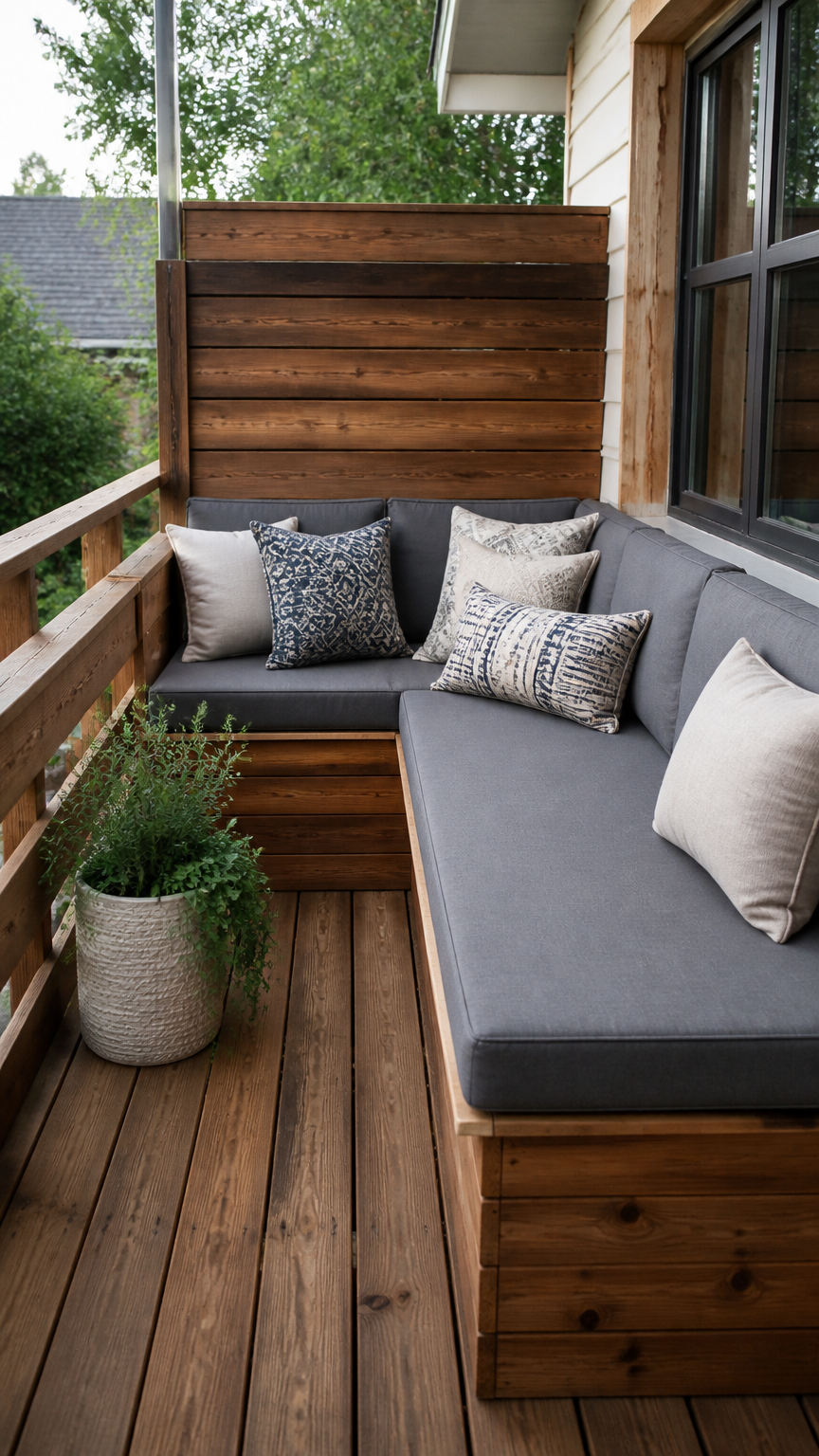 A crisp, detailed photograph of custom L-shaped wooden corner bench seating built on a narrow wooden balcony, topped...