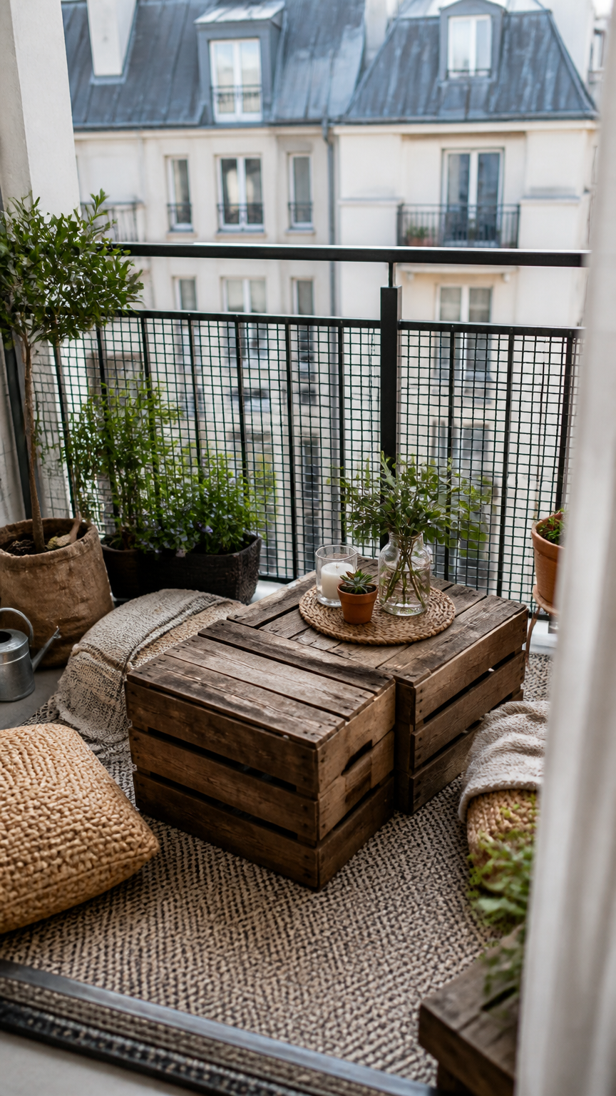 A sharp photograph of four rustic wooden crates stacked and arranged as a low coffee table on a small balcony, surrou...