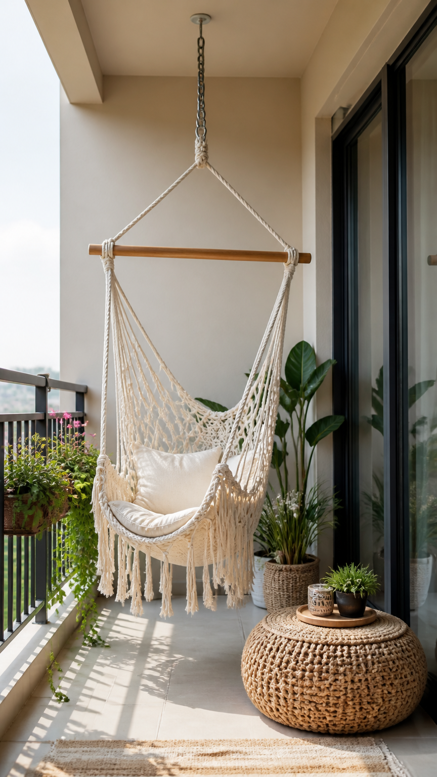 A detailed photograph of a cream-colored macrame hammock chair hanging from a secure overhead balcony hook, paired wi...