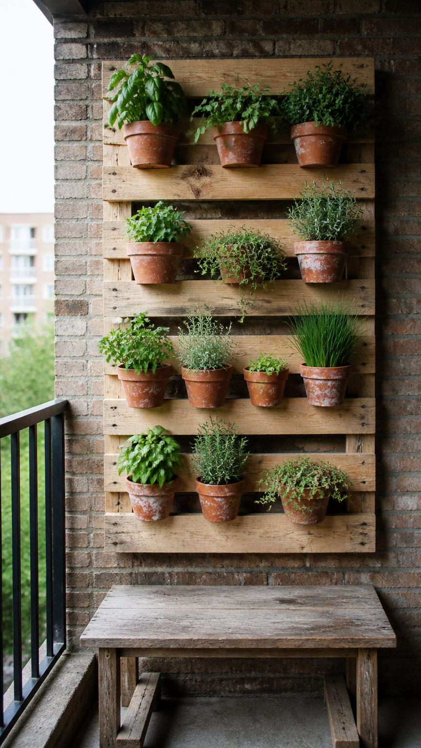 A clean photograph of a vertical wooden pallet mounted against a brick balcony wall, filled with small terra cotta he...