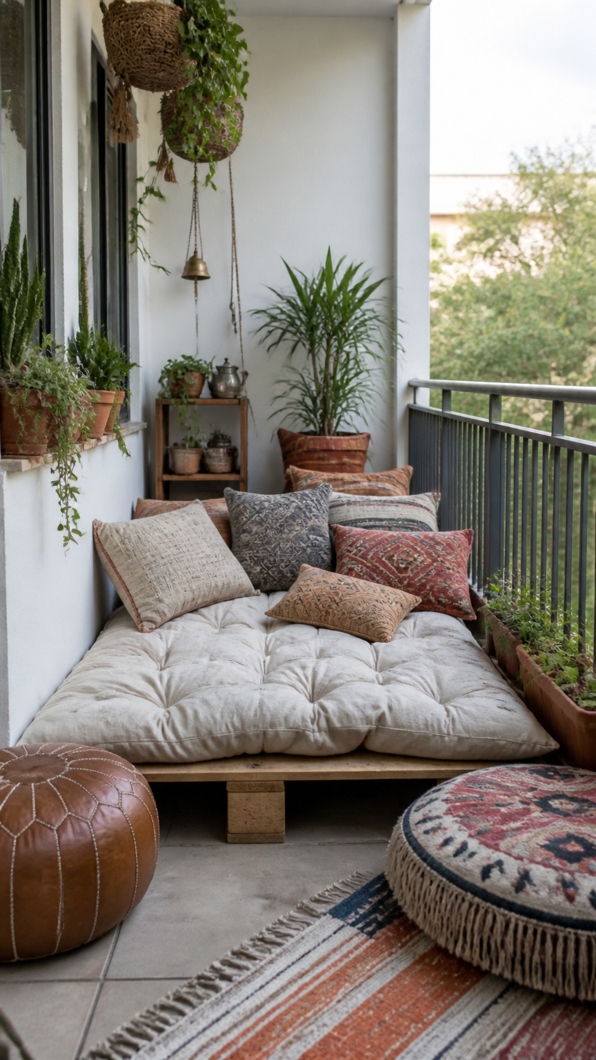 A clear photograph of a low wooden pallet platform covered in thick outdoor floor cushions and bohemian floor pillows...