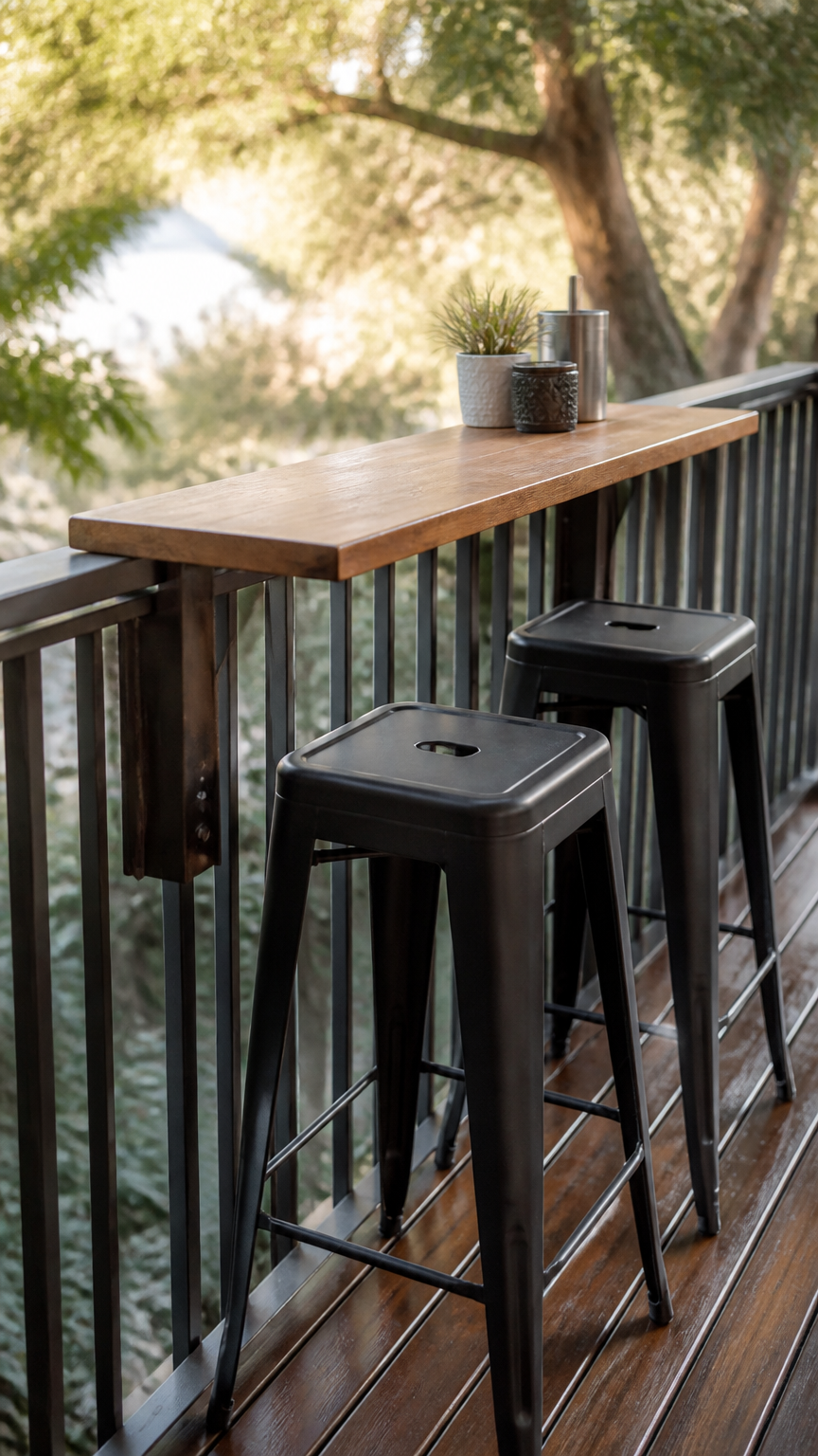 A close-up photograph of a slim wooden bar shelf resting on tall metal brackets attached to a balcony railing, featur...