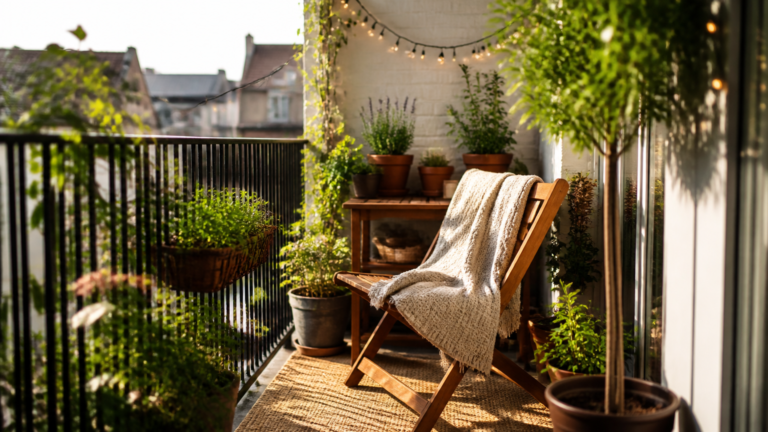 A high-end photograph of a sunlit apartment balcony featuring a lush green small garden with potted herbs, fairy ligh...