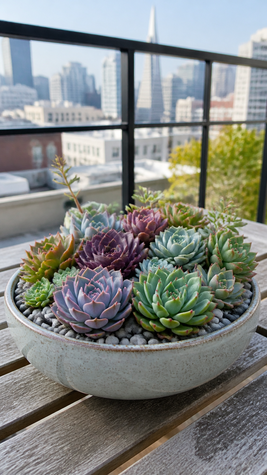 A wide, shallow ceramic bowl filled with a variety of colorful echeveria succulents and grey pebbles, sitting on a ba...