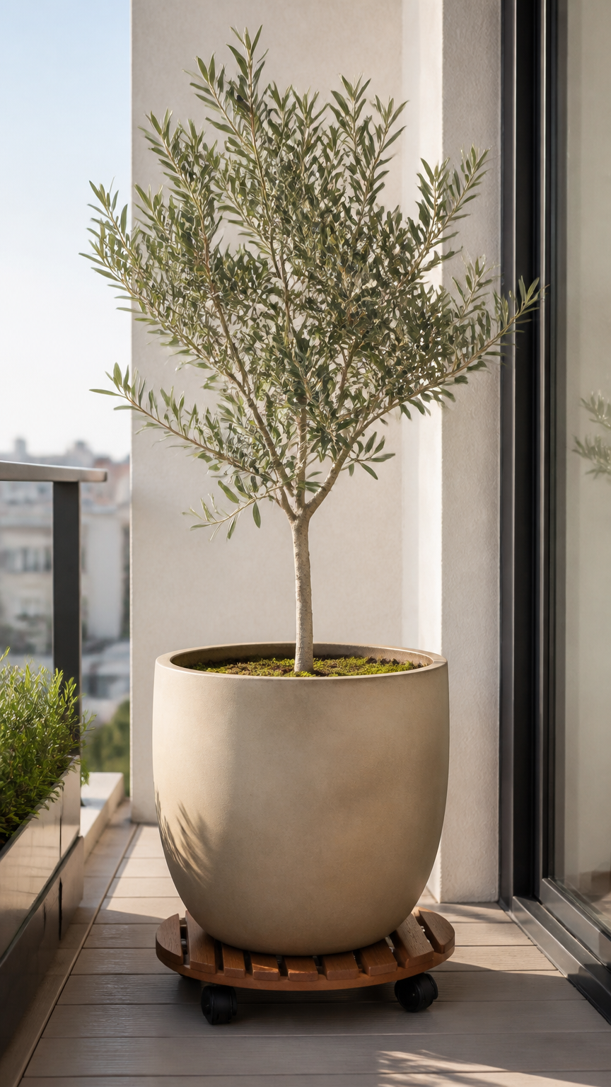 A large potted olive tree sitting on a wooden rolling caddy on a balcony floor, captured with a professional camera i...