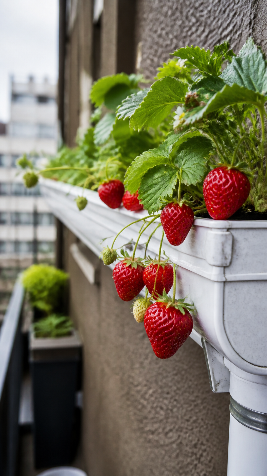 A close-up photograph of fresh red strawberries growing in a white plastic rain gutter mounted on a balcony wall, sho...