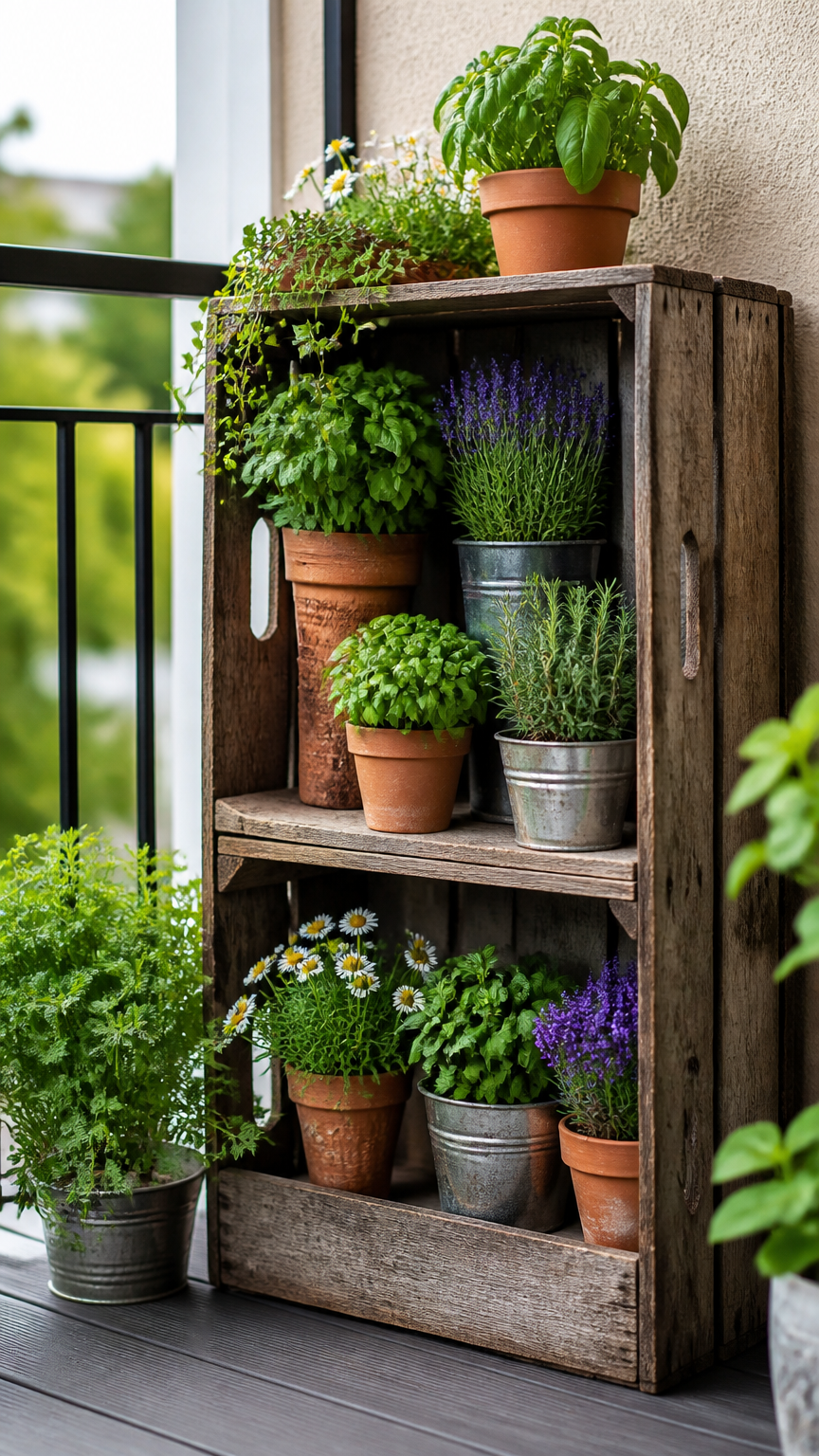 A rustic wooden apple crate turned on its side, acting as a multi-tier shelf filled with potted herbs and flowers on...