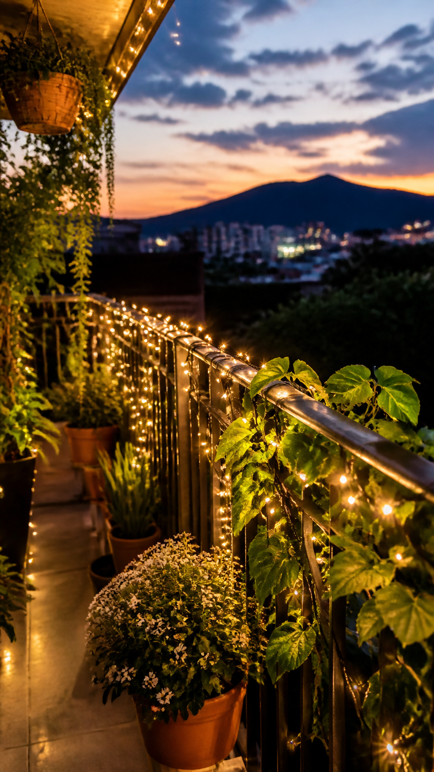 A balcony railing wrapped in warm white fairy lights at twilight, glowing softly over potted plants and green foliage...