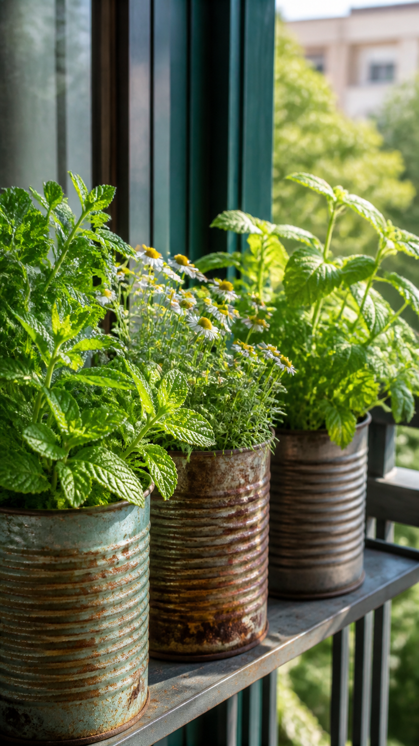 A collection of vintage tin cans filled with mint, chamomile, and lemon balm plants, arranged on a balcony shelf, sho...