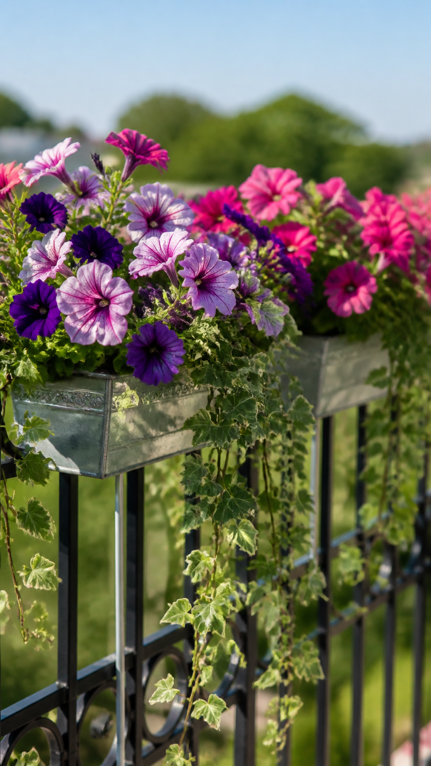 A close-up photograph of metal flower boxes hooked over a black metal balcony railing, filled with colorful trailing...
