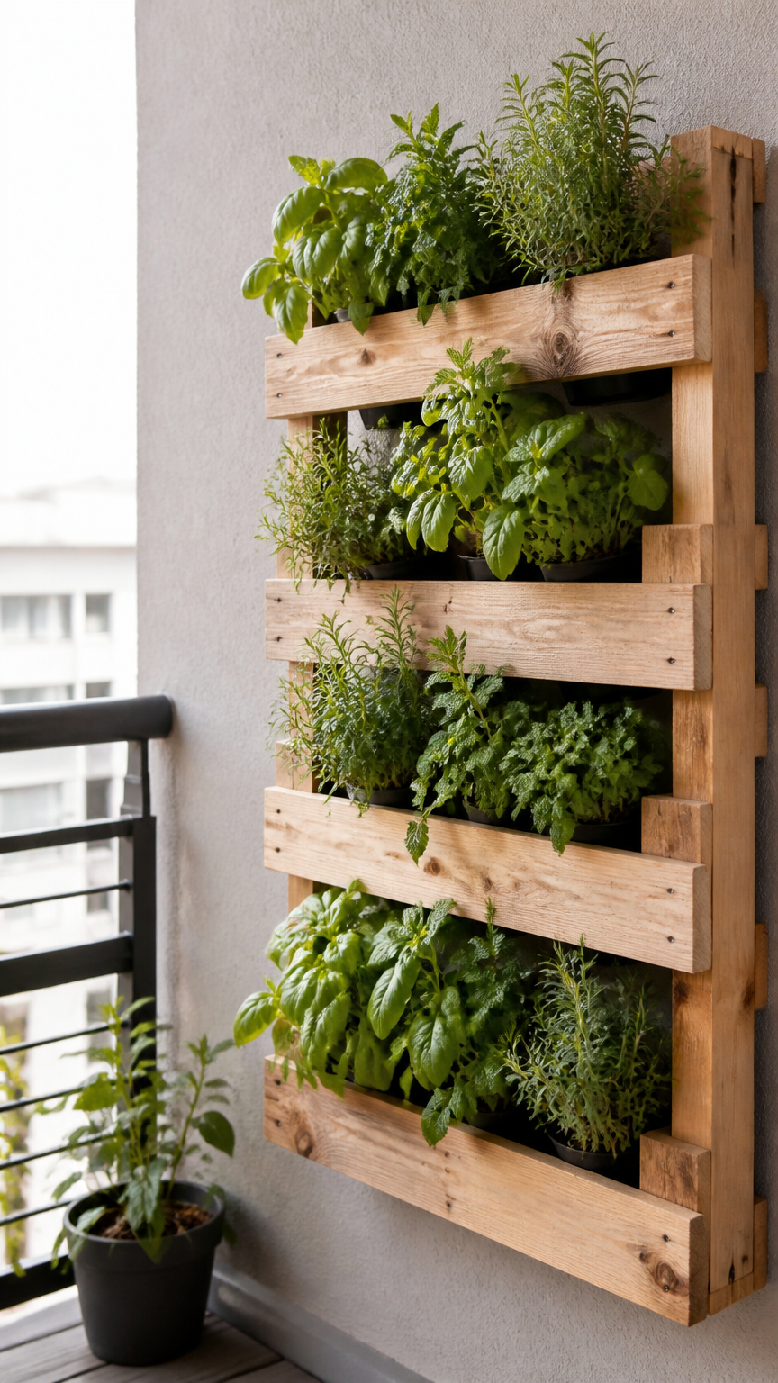 A wooden shipping pallet mounted vertically on a balcony wall, filled with small potted herbs like basil and mint, ca...
