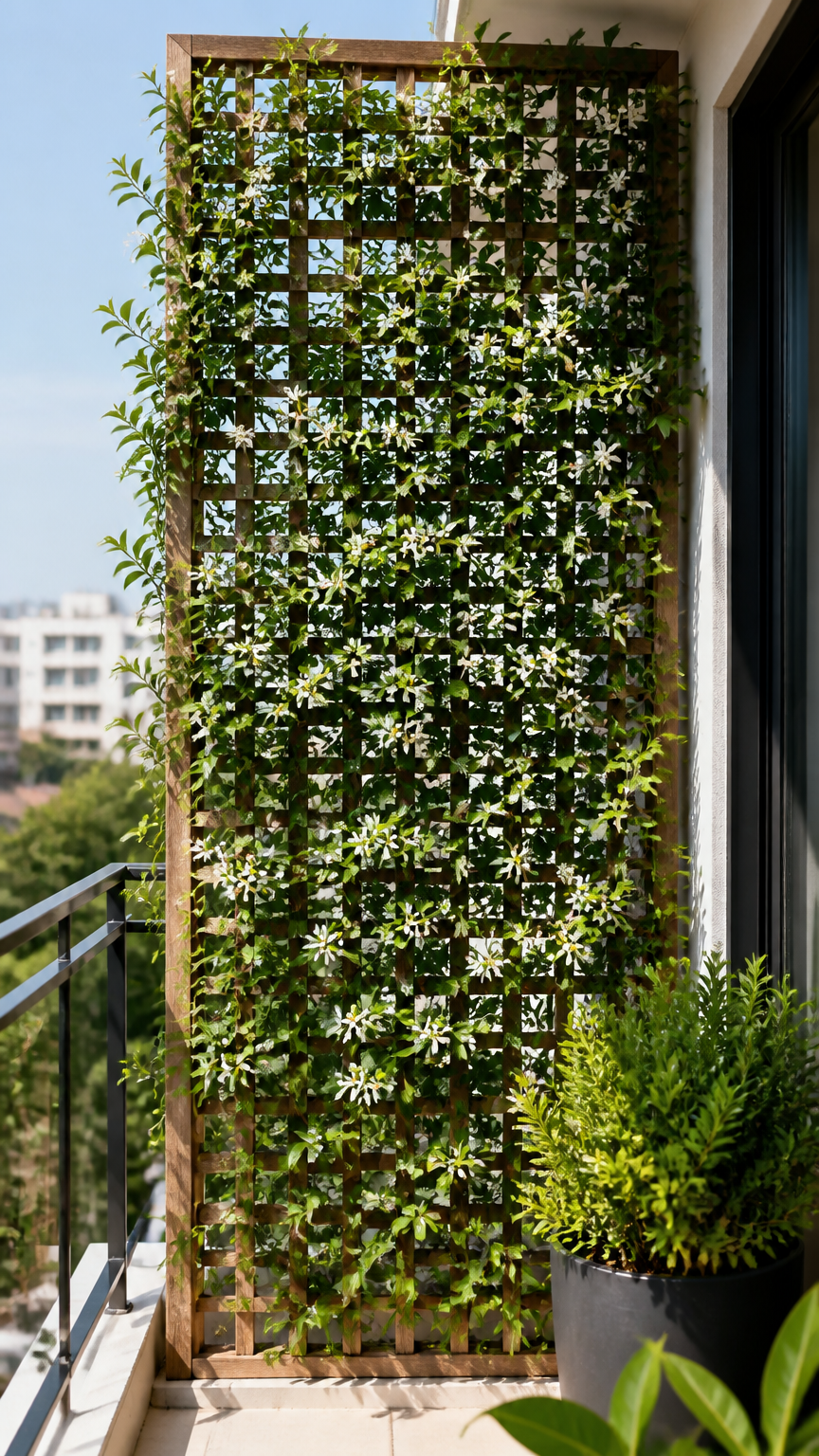 A wooden trellis on a balcony covered in lush green star jasmine vines, creating a private green wall, captured with...